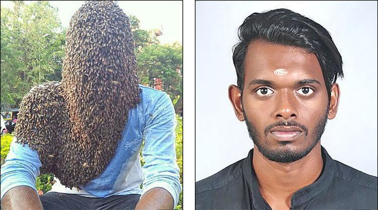 عکس ، مرد هندی با 60 هزار زنبور روی سر و صورت