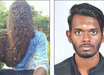 عکس ، مرد هندی با 60 هزار زنبور روی سر و صورت